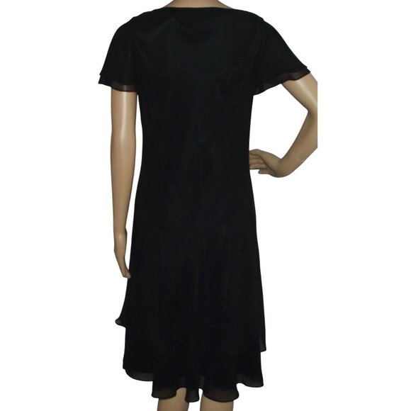 Liz Claiborne Dress Womens Sz 8 Black Drape Neck Flowy Midi Short Sleeve Elegant - Picture 2 of 11